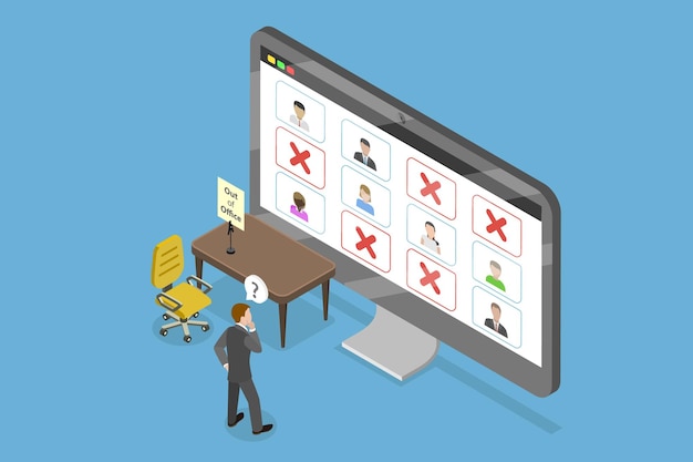 D Ilustración conceptual de vector plano isométrico de seguimiento de las licencias de los empleados fuera de la oficina