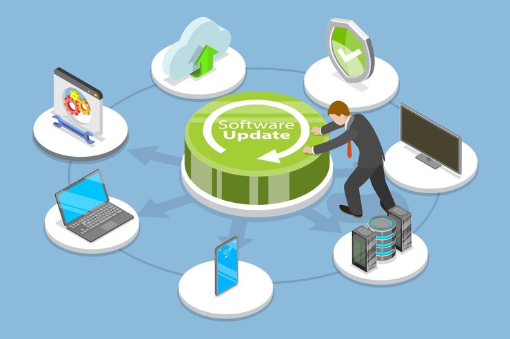 Vector d ilustración conceptual de vector plano isométrico del sistema operativo de lanzamiento de actualización de software