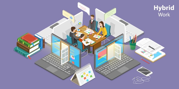 D ilustración conceptual de vector plano isométrico del trabajo híbrido, teletrabajo y trabajo desde casa