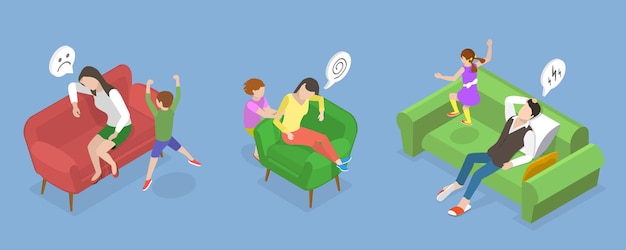 D Ilustración conceptual de vectores planos isométricos de padres deprimidos y cansados.