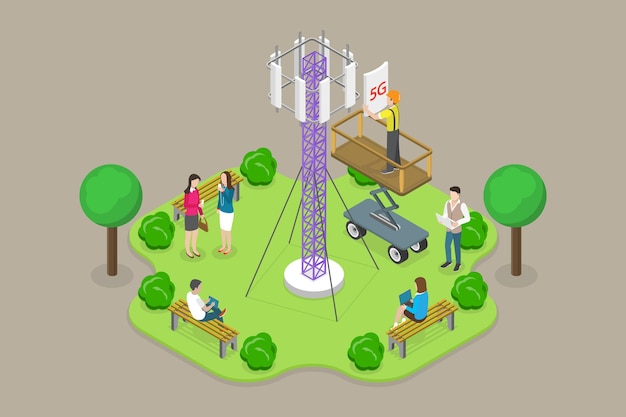 D Ilustración conceptual de vectores planos isométricos de la tecnología g de las estaciones base de mástil g