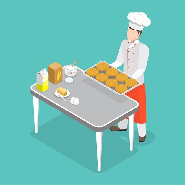 D Ilustración isométrica de vector plano de la cocina profesional del panadero