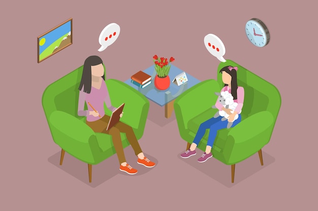 D Ilustración isométrica de vector plano de un consejero infantil experto en ayudar a los niños con problemas emocionales