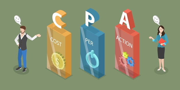 D Ilustración isométrica de vector plano del costo por acción cpa marketing