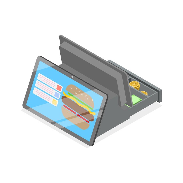 Vector d ilustración isométrica de vector plano de un elemento informático de caja registradora de la terminal de caja de comida rápida