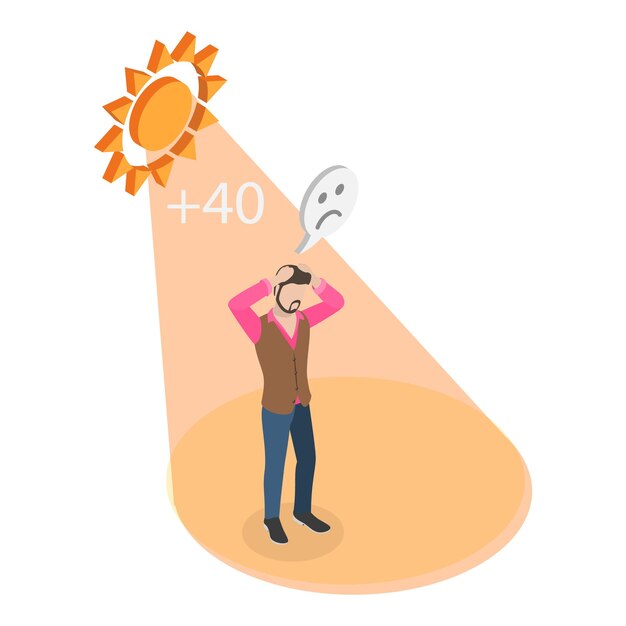 Vector d ilustración isométrica de vector plano del elemento de sobrecalentamiento y deshidratación por calor solar