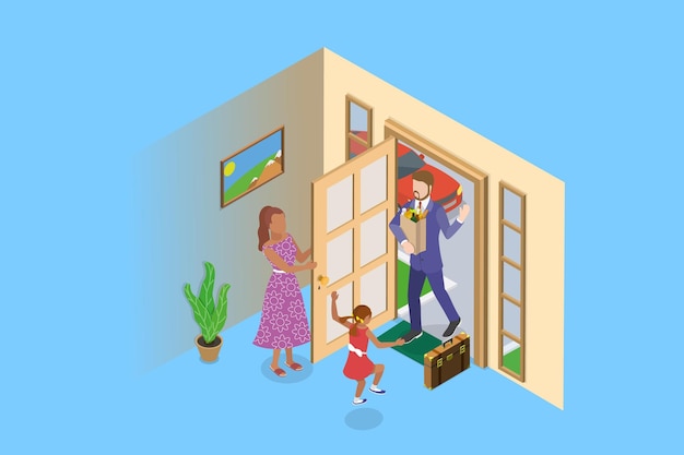 D Ilustración isométrica de vector plano del padre que regresa a casa con una familia feliz