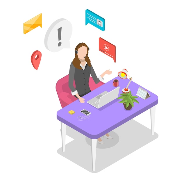 D Ilustración isométrica de vector plano del perfil de negocio del servicio al cliente para el asistente personal