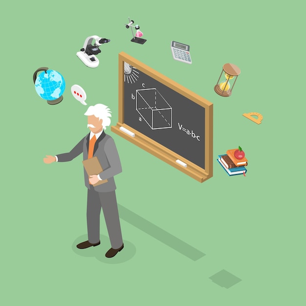 D Ilustración isométrica de vector plano de la pizarra del educador escolar y el maestro