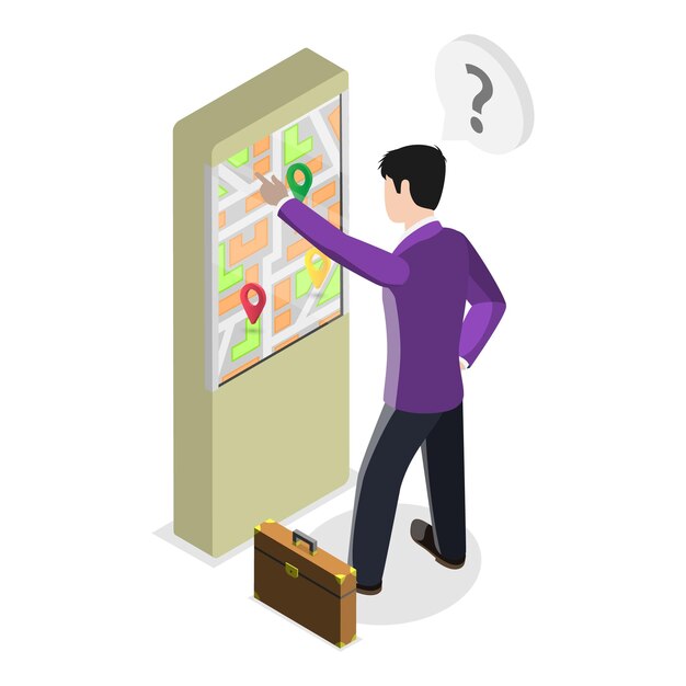 D Ilustración isométrica de vector plano de un quiosco de información de máquinas digitales interactivas