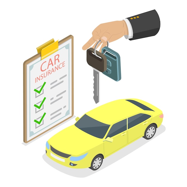 D Ilustración isométrica de vector plano del seguro de automóviles, la protección del automóvil, la seguridad y el artículo de seguridad