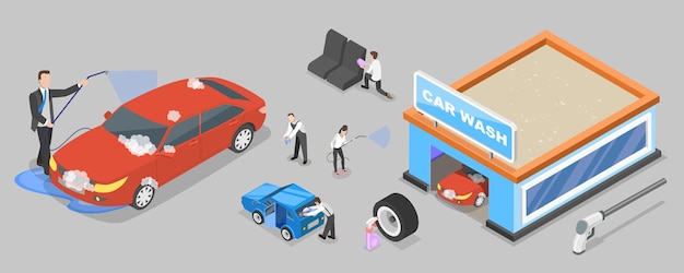 D Ilustración isométrica de vector plano del servicio de limpieza de vehículos de lavado automático