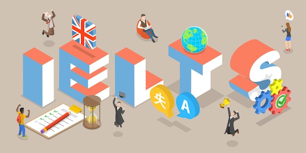 D Ilustración isométrica de vector plano del sistema internacional de pruebas de lengua inglesa de IELTS