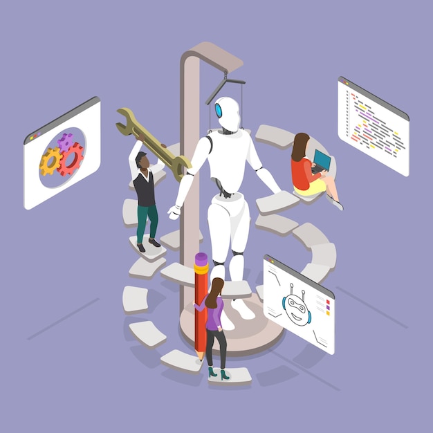 D Ilustración isométrica de vector plano de la tecnología de fabricación de robots inteligencia artificial