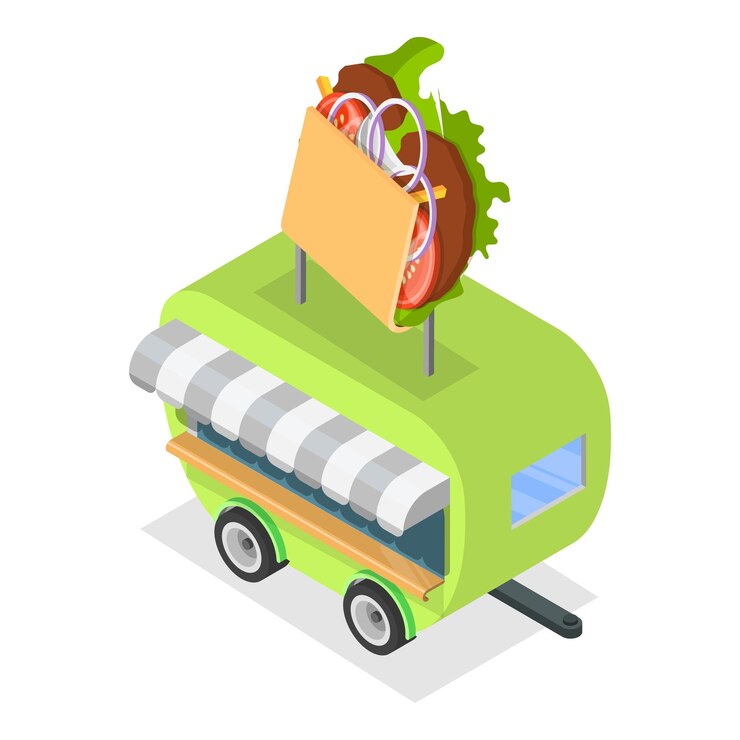 Vector d ilustración isométrica de vectores planos de camiones de comida callejera y artículos de restaurantes móviles