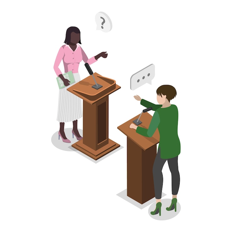 Vector d ilustración isométrica de vectores planos de debates políticos en el escenario de comunicación con argumentos