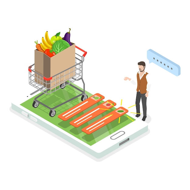 D Ilustración isométrica de vectores planos de la entrega de verduras y frutas de los agricultores en la tienda en línea