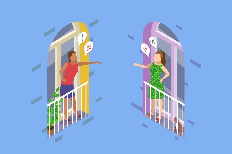 Vector d ilustración isométrica de vectores planos de furiosas vecinas conflicto entre los residentes de un