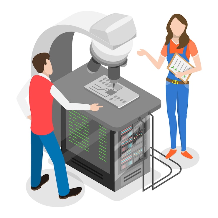 Vector d ilustración isométrica de vectores planos de ingenieros fabricantes de dispositivos electrónicos que trabajan con