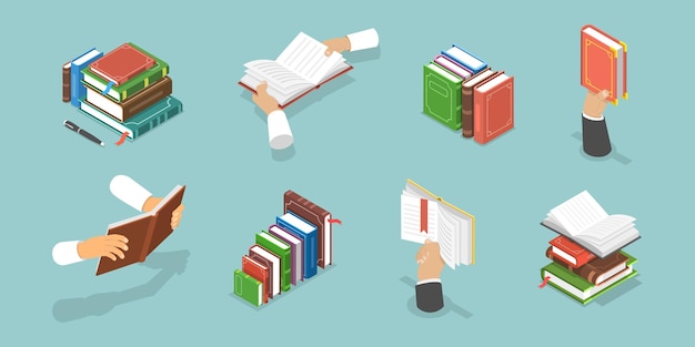 D ilustración isométrica de vectores planos de manos con libros de estudio y literatura educativa y