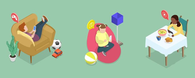 D Ilustración isométrica de vectores planos de niños adicción a los gadgets niños entretenimiento en línea