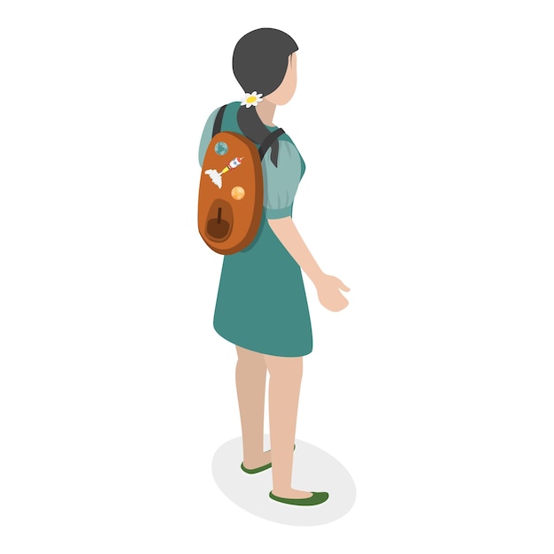 Vector d ilustración isométrica de vectores planos de personas con mochilas conjunto de artículos de estudiantes universitarios