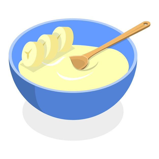 D ilustración isométrica de vectores planos de tazones de desayuno de cereales con avena, frutas, yogur y