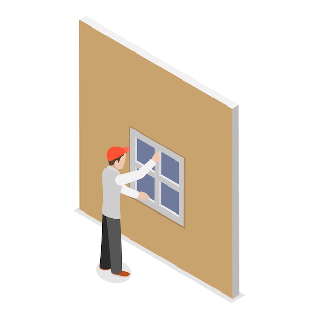 D Ilustración isométrica de vectores planos de ventanas para la instalación de artículos de la industria de la construcción de edificios