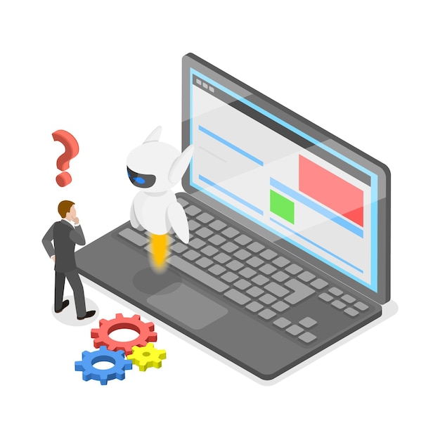 D Ilustración plana isométrica del asistente de chatbot en el elemento de soporte al cliente en línea