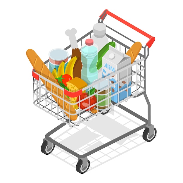 D Ilustración plana isométrica de las bolsas de compras de diferentes conjuntos de comestibles