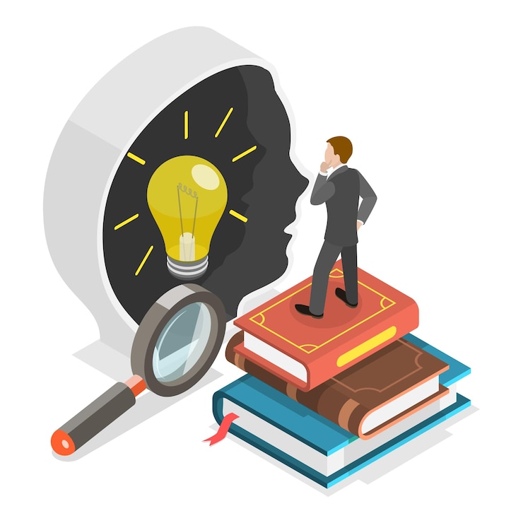 Vector d ilustración plana isométrica del elemento de aprendizaje y educación de autodesarrollo