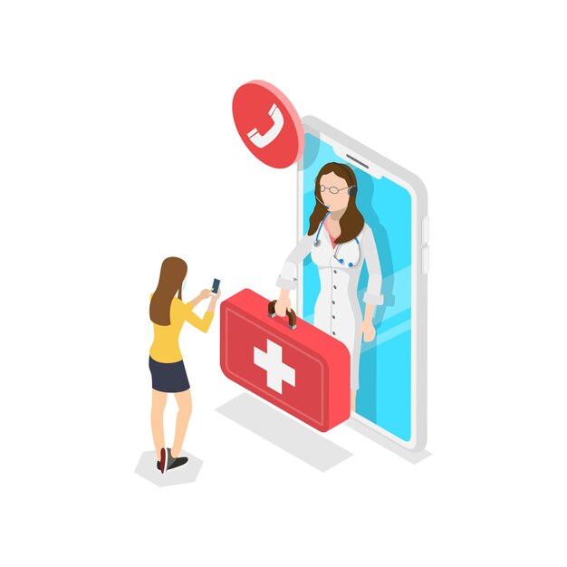 D Ilustración plana isométrica de registro electrónico de salud tecnología moderna en artículo hospitalario