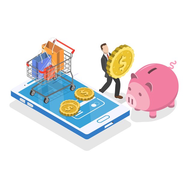 D Ilustración plana isométrica de la transacción de reembolso y reversión de la devolución de efectivo y el elemento de ahorro financiero