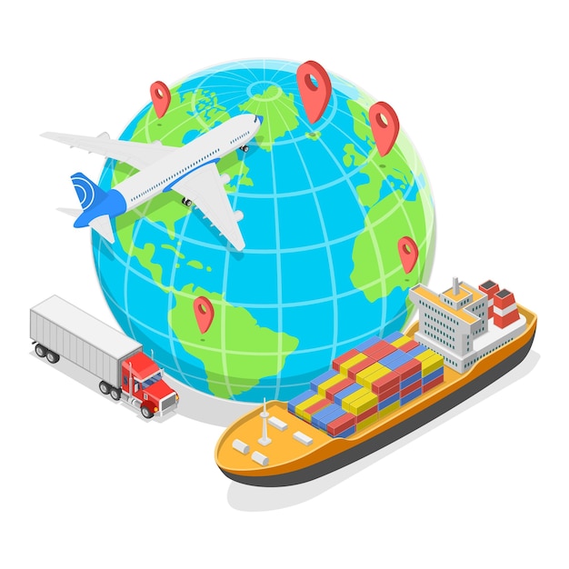 D Ilustración plana isométrica del transporte logístico global, el envío y la entrega de artículos