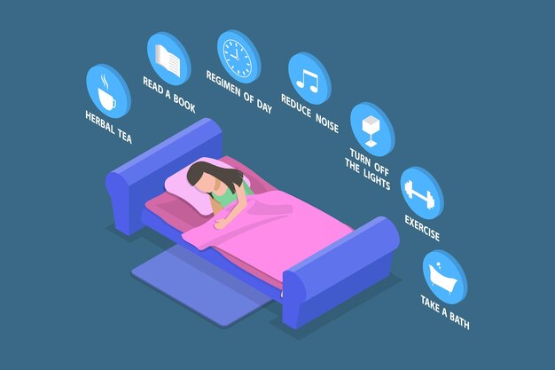 D ilustración de vector plano isométrico de consejos para dormir mejor reglas de sueño saludables
