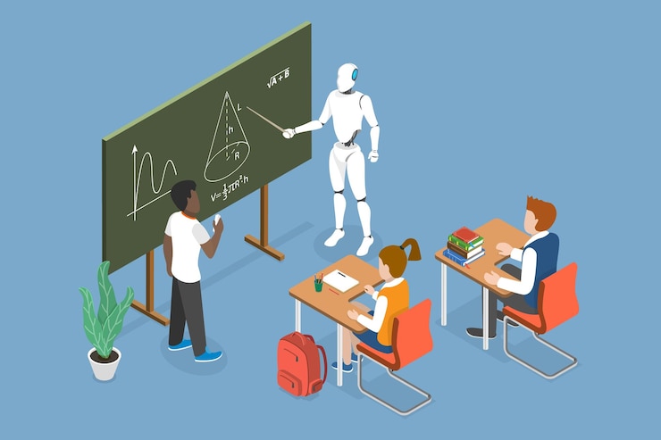 Vector d ilustración de vector plano isométrico de la educación futura aprendizaje colaborativo con profesor robot