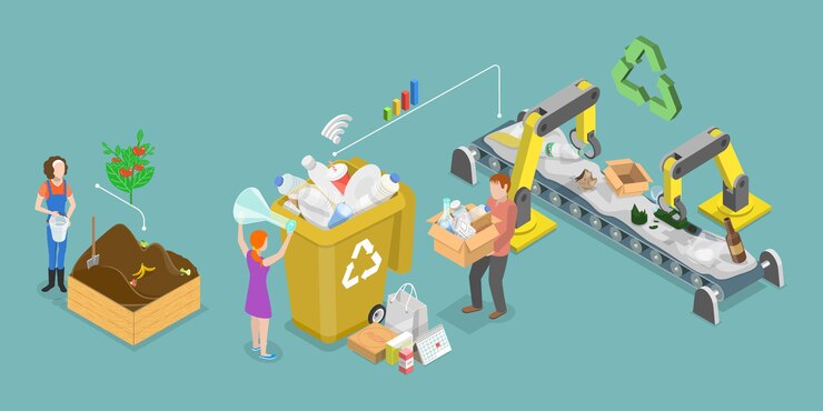 Vector d ilustración de vector plano isométrico de la gestión de la basura y el reciclaje eficiente de los residuos para un futuro ecológico