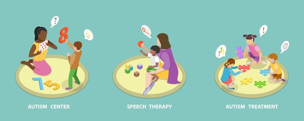D ilustración de vector plano isométrico del tratamiento del autismo retraso en el desarrollo de las habilidades lingüísticas