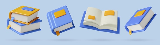 D libros y iconas de lectura colección de libros de texto azules voladores con marcadores apilados abiertos y cerrados