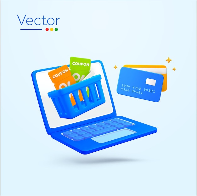 D modelo de banner de compras y pagos en línea concepto de descuento y reembolso al por menor