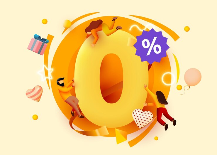 Vector d número cero con gente voladora cero por ciento de comisiones