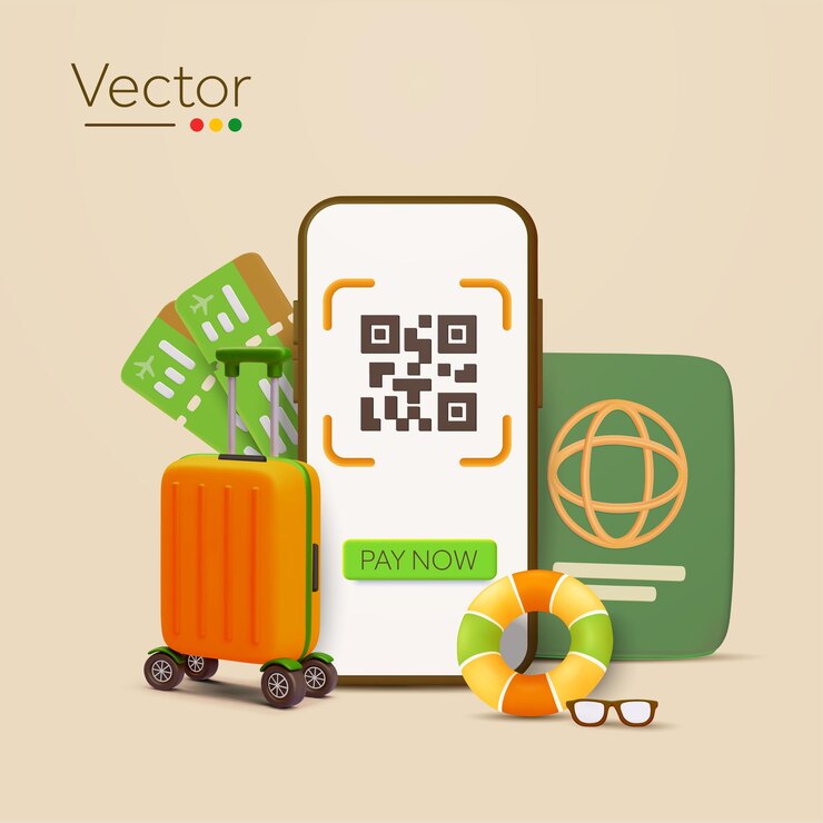 D teléfono con código qr pagar ahora botón maleta equipaje natación boya gafas de sol pasaporte