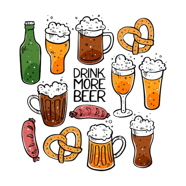 Ð¡ute set de cerveza, salchichas y pretzel. Ilustraciones dibujadas a mano
