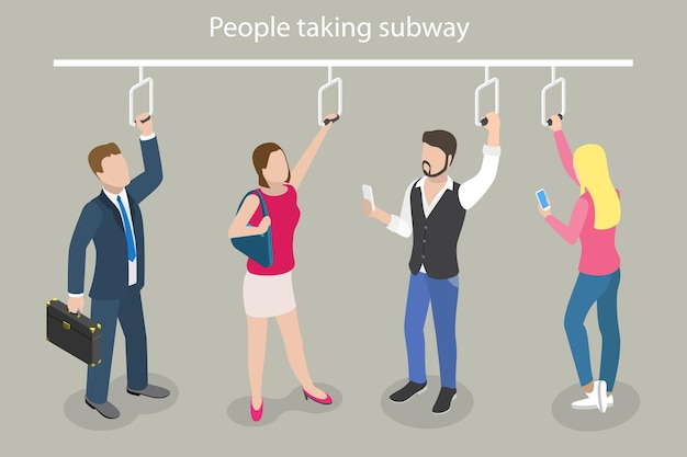 D vector plano isométrico ilustración conceptual de personas que están tomando el metro, el tren o el autobús público