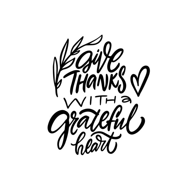 Vector da gracias con un corazón agradecido frase de letras motivacionales en color negro