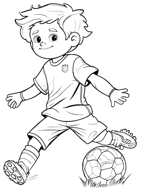 Da vida al fútbol con esta página de libro para colorear. Una ilustración vectorial de un niño jugando al fútbol.