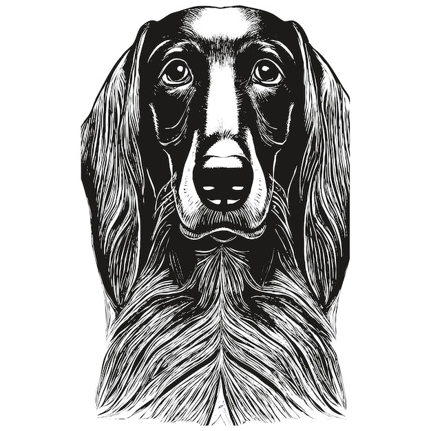 Dachshund caricatura cara imagen dibujada a mano dibujo en blanco y negro de perro