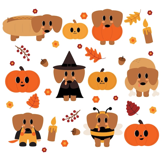 Dachshund clip de Halloween arta grupo de artículos de Halloween que incluyen una calabaza una bruja y una calabazas