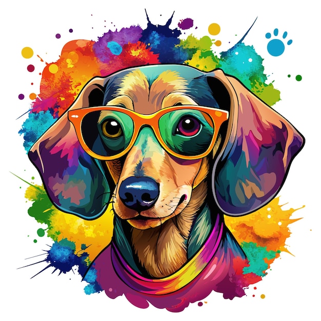 Vector dachshund con gafas de sol acuarela vibrante en blanco para camisetas y libros de cuentos