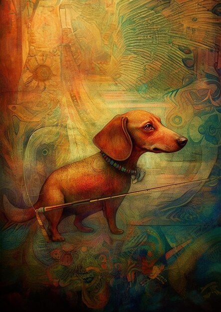 Dachshund pescando obra maestra surrealista al estilo de paul klee